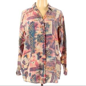 Vintage 80s Capezio Silk Abstract button down top shirt large